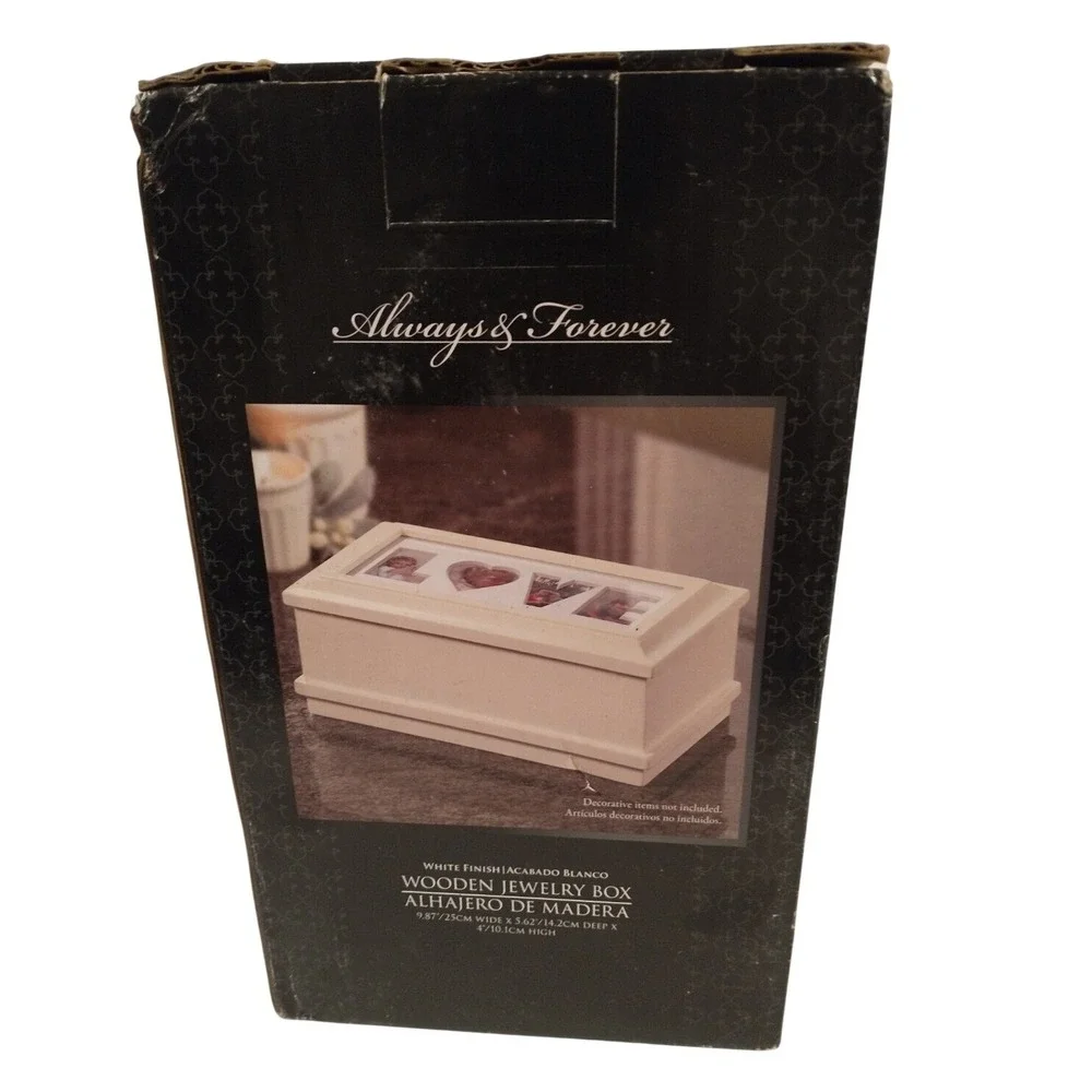 Always & Forever White Wooden Jewelry Box Photo Frame Lid Love Hope Stencil VTG